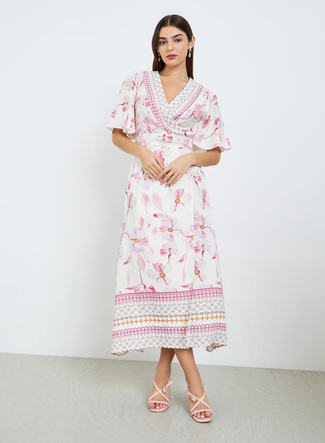 Styli Women Pink Floral Short Sleeves A-Line Maxi Dress - Image 2